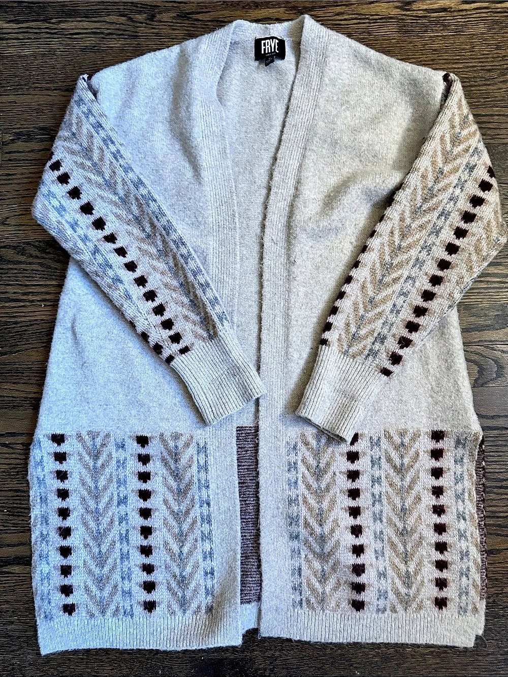 FRYE Patterned Long Cardigan in Cream & Brown Size Medium
